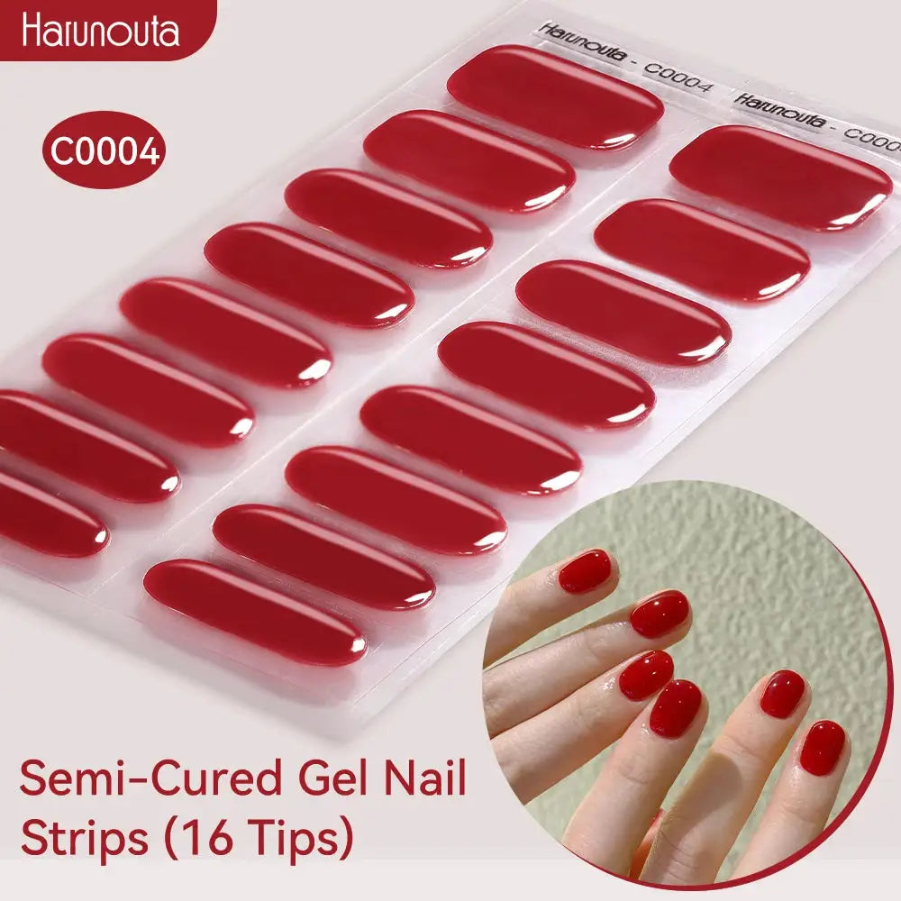 Semi-cured gel nail strips Gradient Auroras, red glossy, 16 tips; Harunouta logo