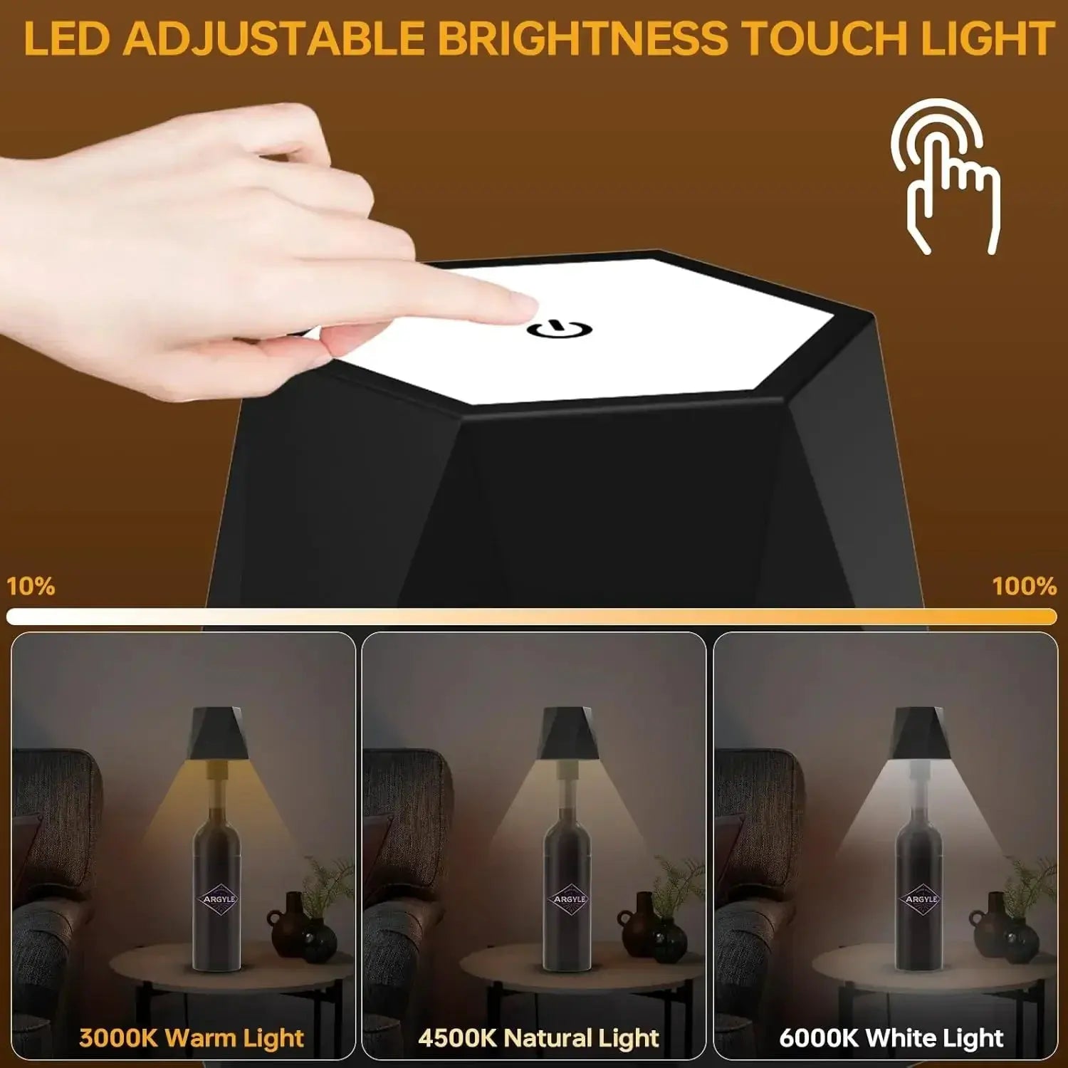 Lampe de table bouteille sans fil Simples Market, contrôle tactile, 3 températures LED et intensité réglable