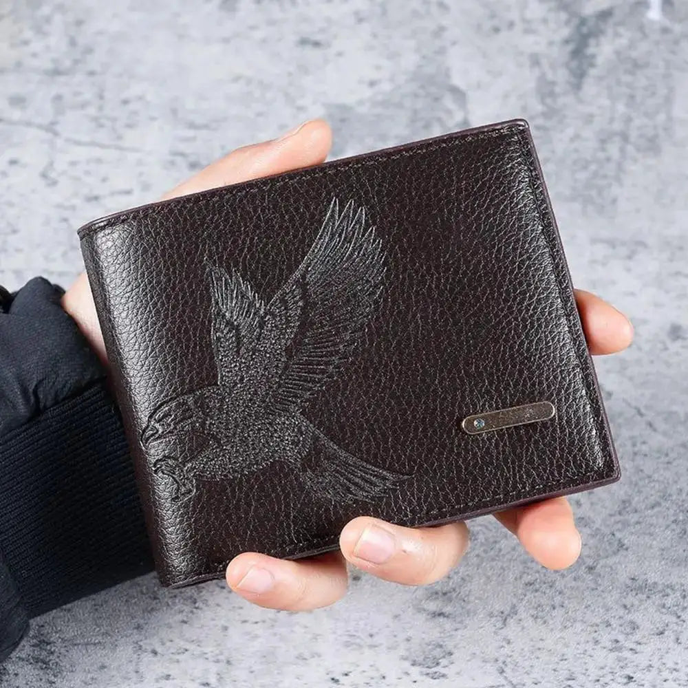 Men's black PU leather RFID wallet with embossed eagle design, slim vertical card holder