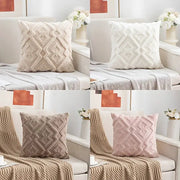 Soft plush cushion covers with a diamond pattern by Simples Market, shown in beige, white, taupe and pink