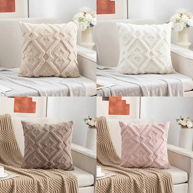 Soft plush cushion covers with a diamond pattern by Simples Market, shown in beige, white, taupe and pink