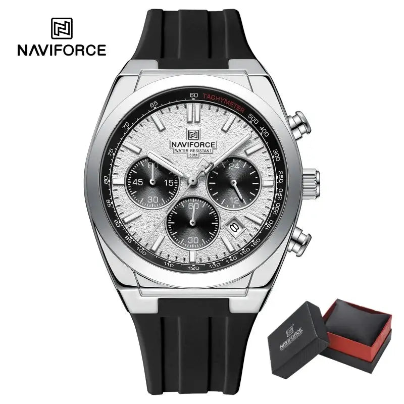 NAVIFORCE men's chronograph watch with silver dial, black silicone strap, tachymeter bezel, three subdials; gift box.