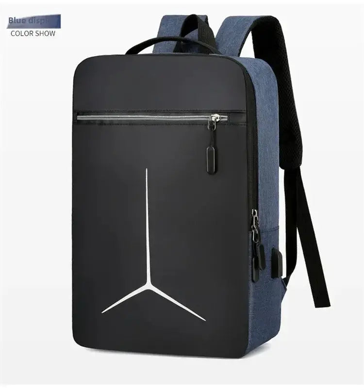 Anti-theft waterproof laptop backpack with black front panel and blue sides.