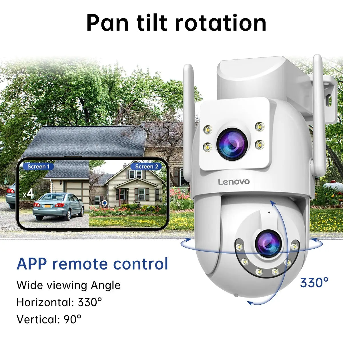 Lenovo 4K WiFi outdoor dual-lens PTZ surveillance camera with app control; white, 330° horizontal and 90° vertical