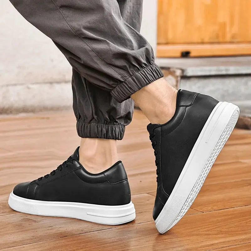 Men's black leather elevator sneakers with white platform sole