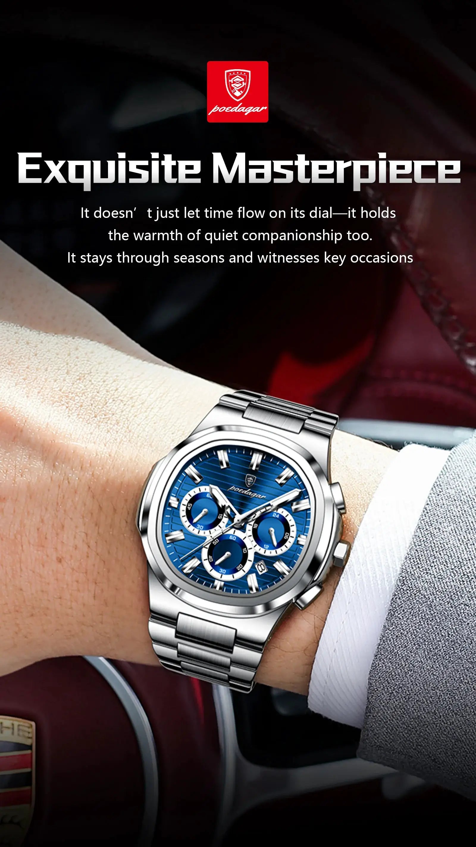 POEDAGAR stainless steel chronograph wristwatch with blue dial on a man's wrist