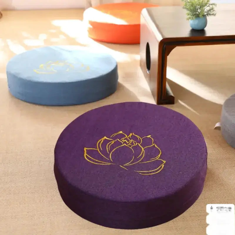 Simples Market three round linen meditation cushions, purple with gold lotus design; 40x6 cm