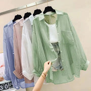 Chiffon blouses by Simples Market - five sheer pastel see-through tops, green front loose style.