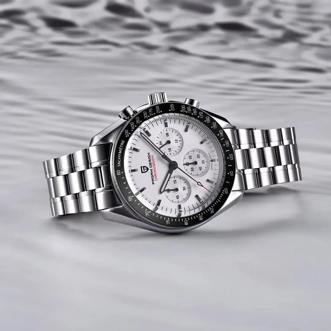 PAGANI DESIGN 1701 V5 men's chronograph watch with stainless steel bracelet, white dial, and tachymeter bezel