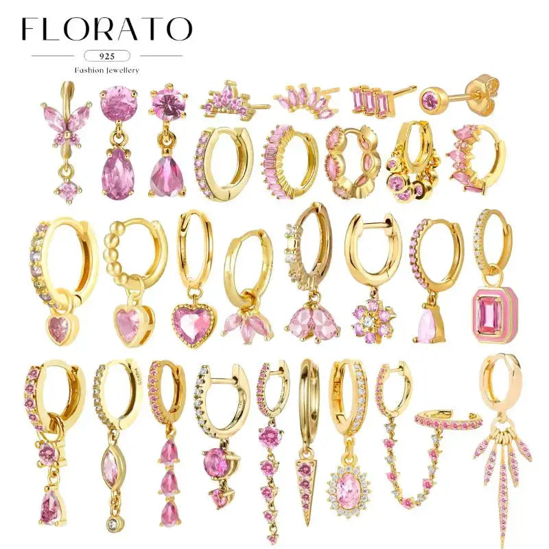 Florato gold-tone pink zircon earrings collage with assorted hoop, pendant, and stud designs; fashion jewelry