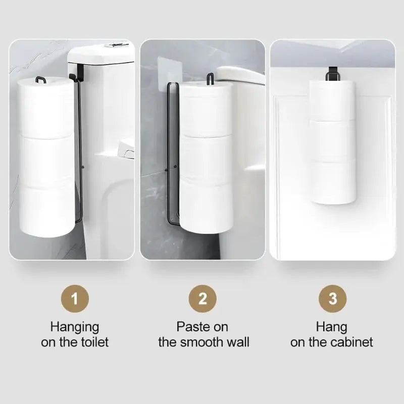 Self Adhesive Black Iron Toilet Paper Holder With Towel Bar No Drill Wall Mount Bathroom Storage