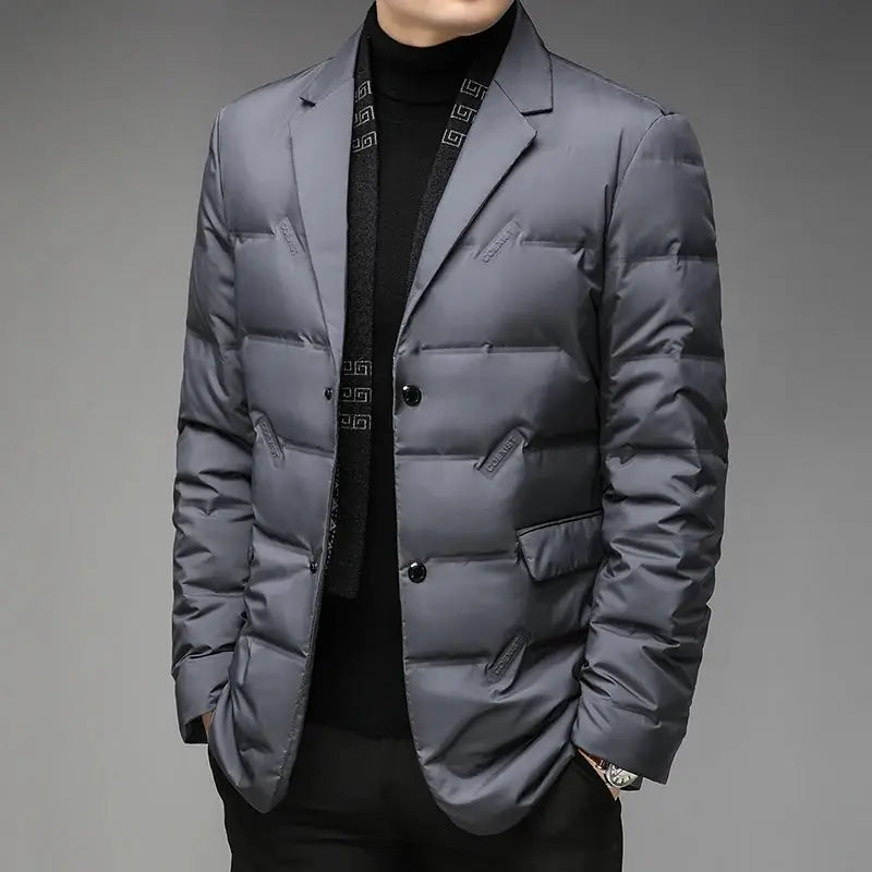 Men's down jacket, gray quilted coat with removable scarf collar, 90% white duck down