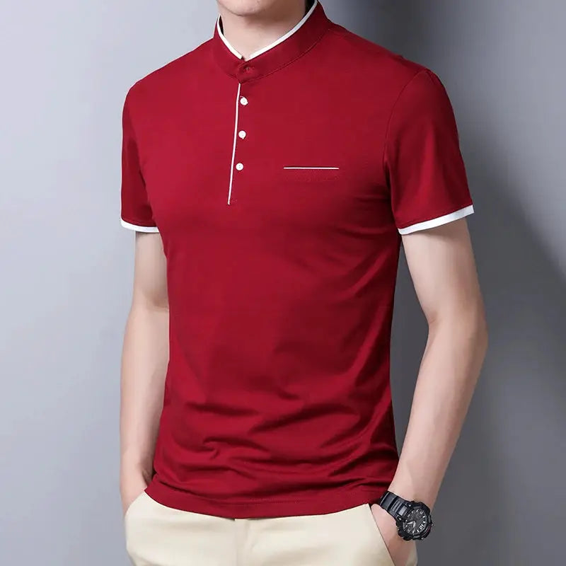 Men's red short-sleeve stand-up collar polo shirt with white trim on cuffs and placket, chest pocket accent