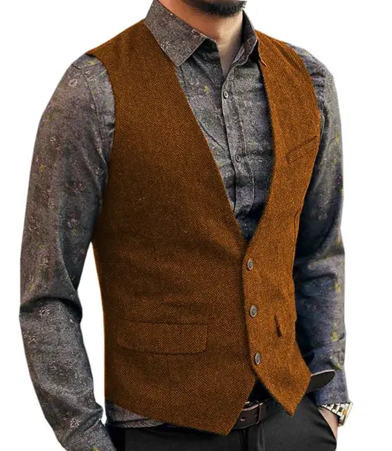 Deep V-neck suit vest in brown herringbone, Simples Market, slim fit