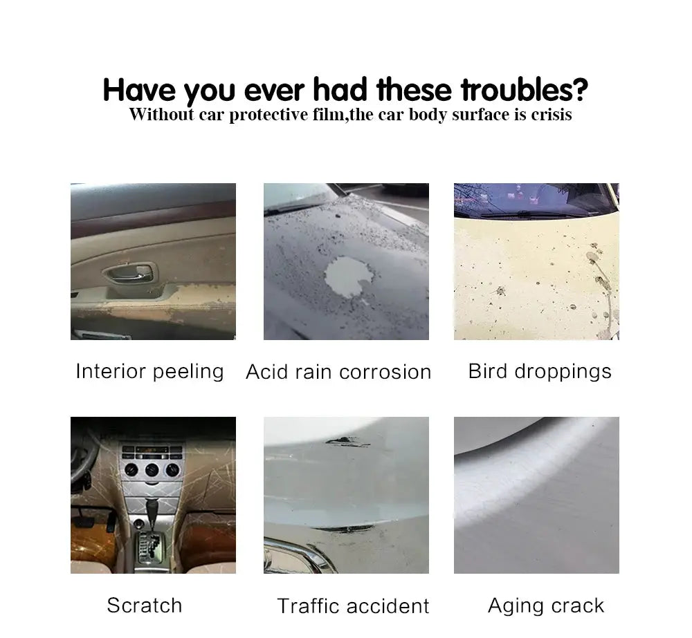 Glossy yellow car wrap film; six damage examples shown: peeling, corrosion, bird droppings, scratches, cracks, accidents.