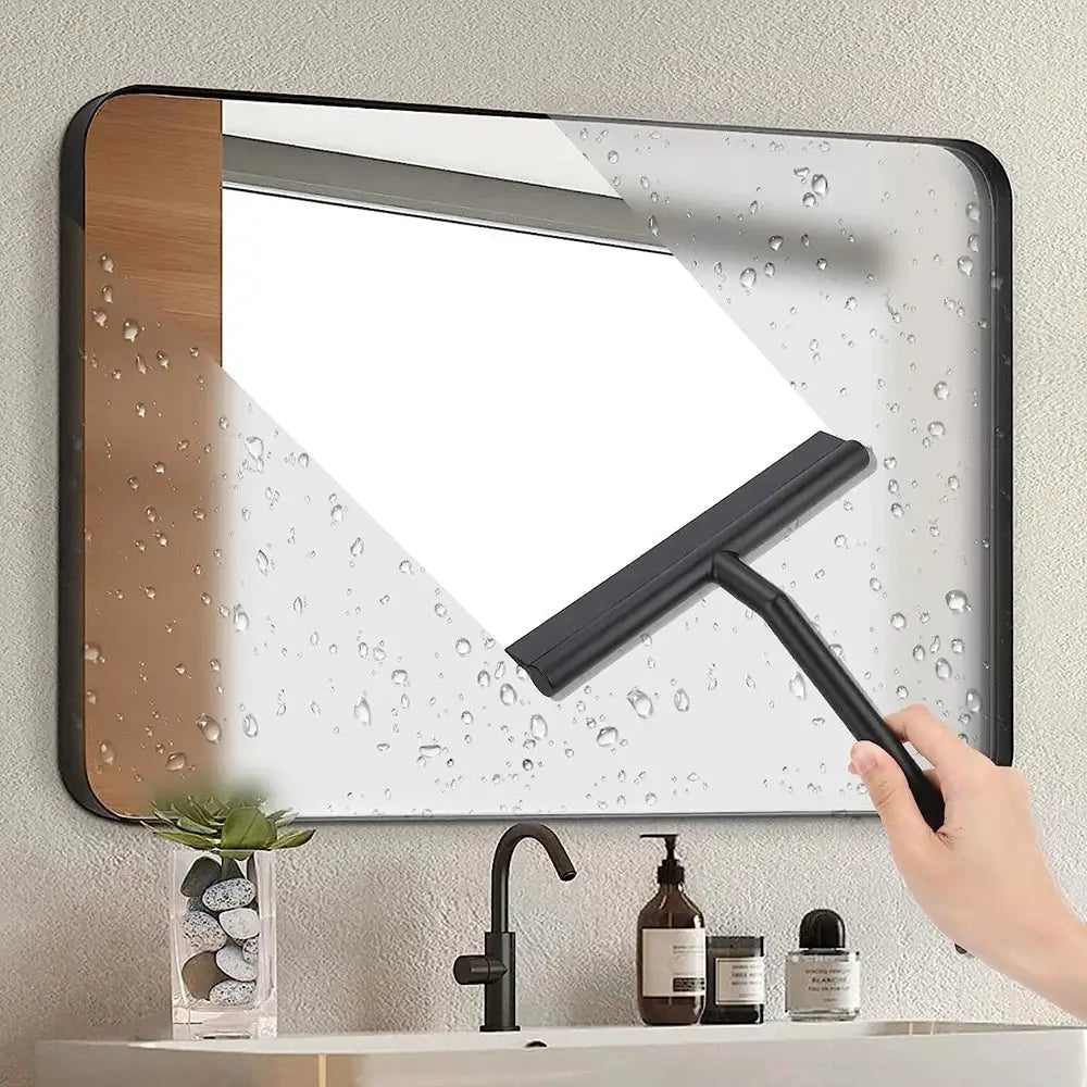 Shower squeegee by Simples Market with silicone holder, black glass door and mirror cleaner