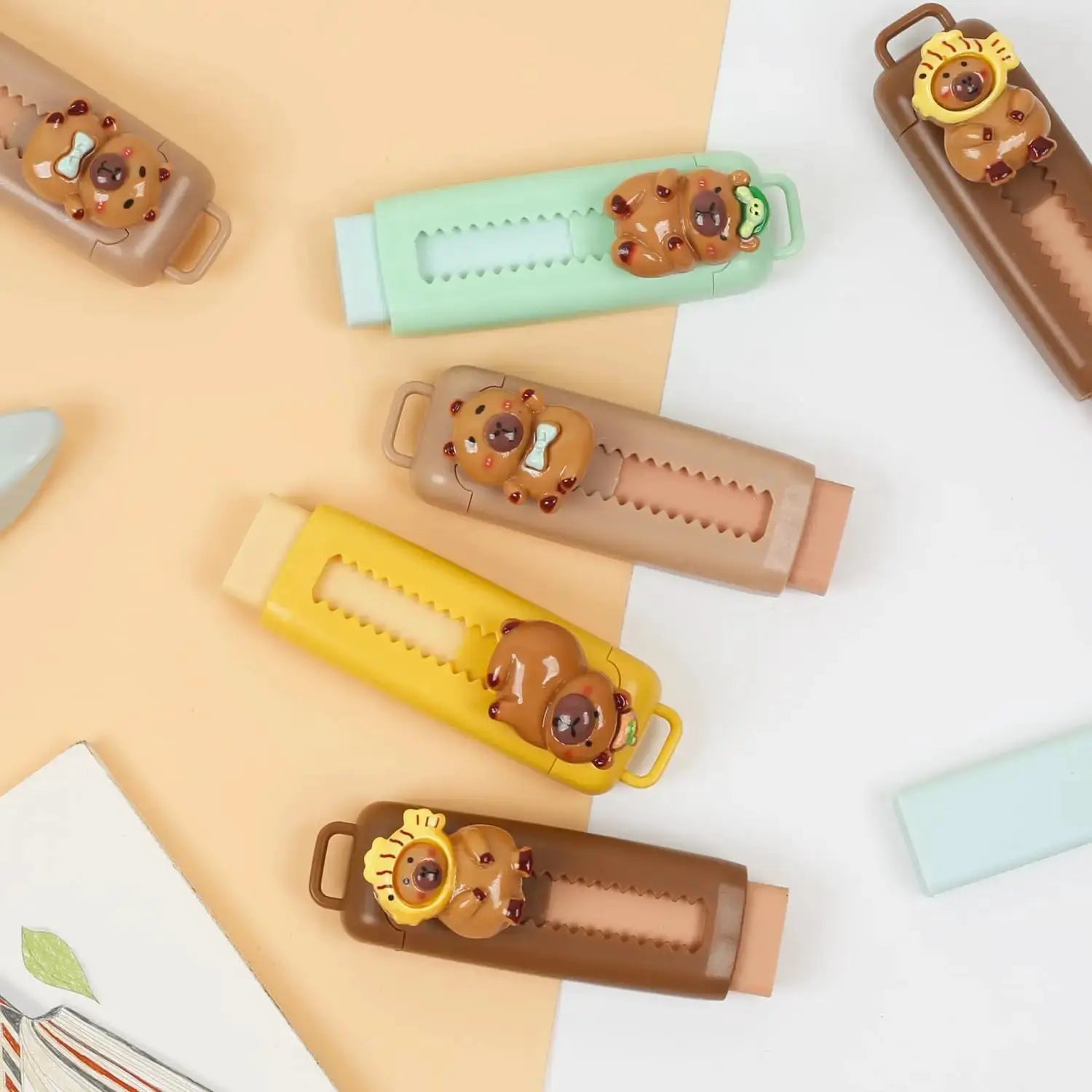 Capybara retractable erasers set, 6-piece cartoon 4B erasers in assorted colors by Simples Market