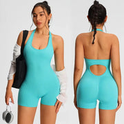 Simples Market turquoise ribbed halter romper jumpsuit for women with back cutout