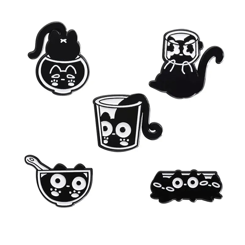 Cat Enamel Pins Set 4 To 6 Pieces Cute Black Fluid Cat Brooches Lapel Pins Jewelry Gift For Friends