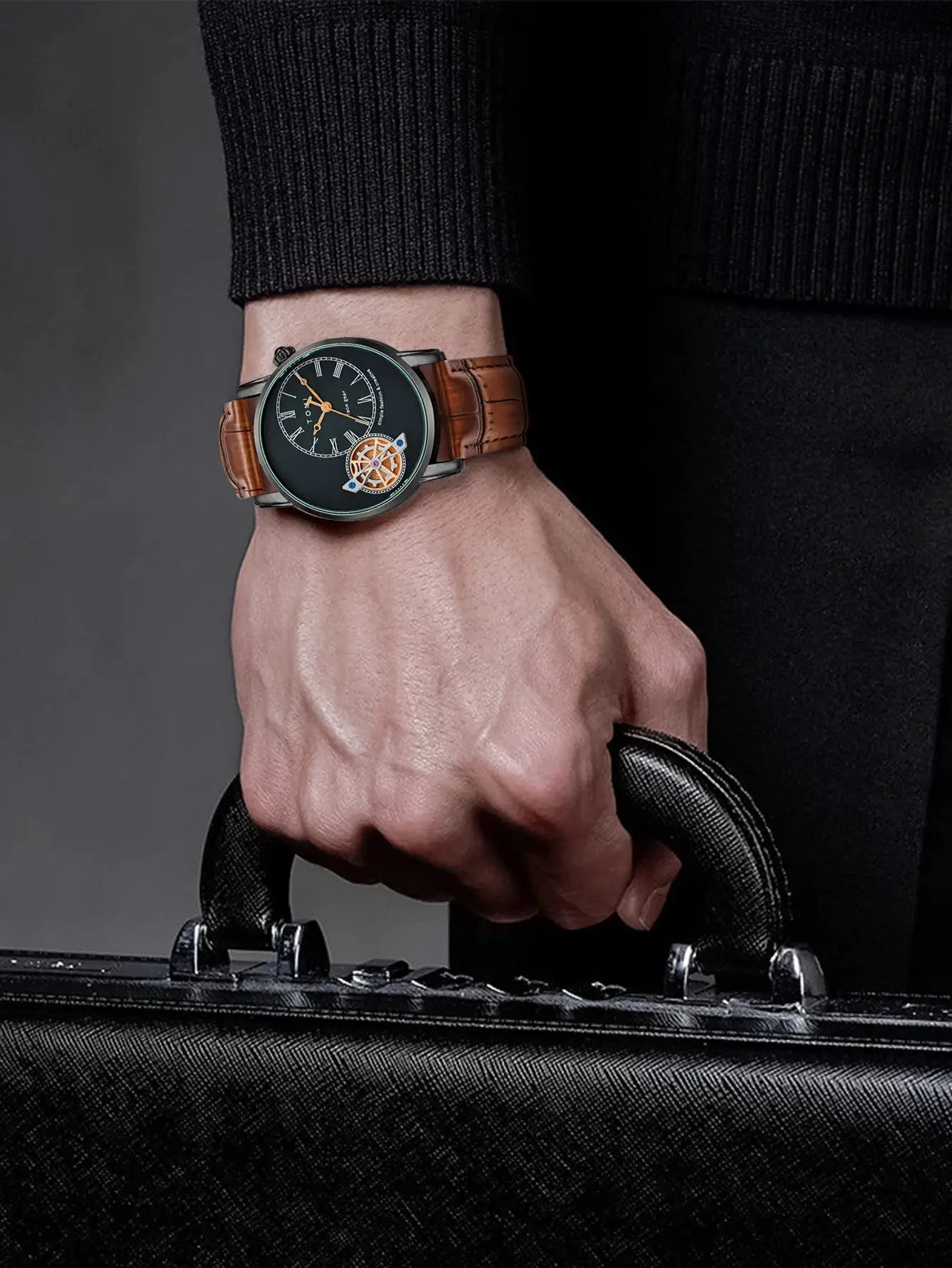 TOMI men's quartz watch by Simples Market with brown leather strap and black dial