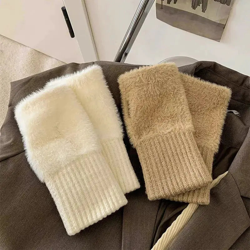 Autumn Winter Soft Mink Fleece Half Finger Gloves for Women Plush Fingerless Wrist Mittens for Driving and Writing