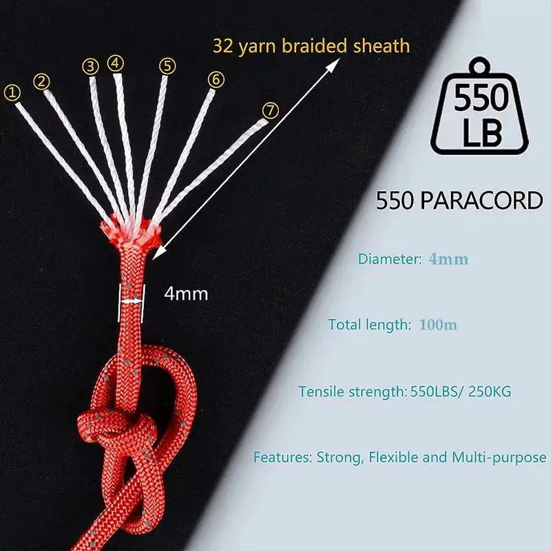 Red 4mm 550 paracord with 7-strand braided sheath, 100m length, 550lbs tensile strength for camping and DIY use