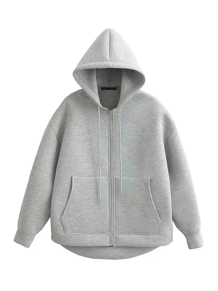 Autumn Gray Hooded Jacket For Women With Big Pockets And Zipper Closure Relaxed Casual Fit For Everyday Comfort