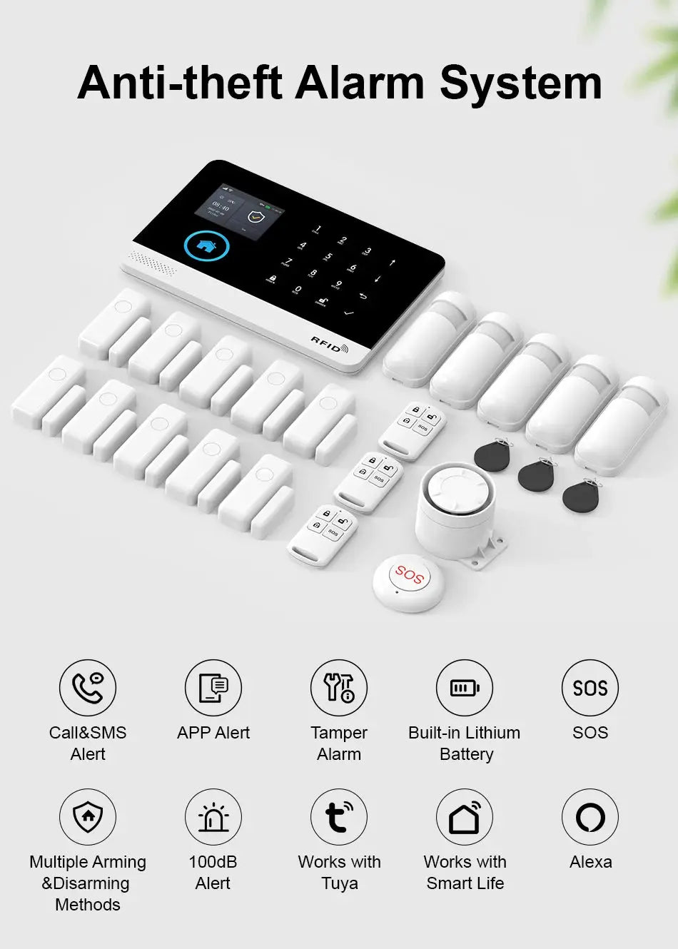 PGST 4G/2G WiFi GSM wireless home alarm system kit with touchscreen keypad and multiple white sensors