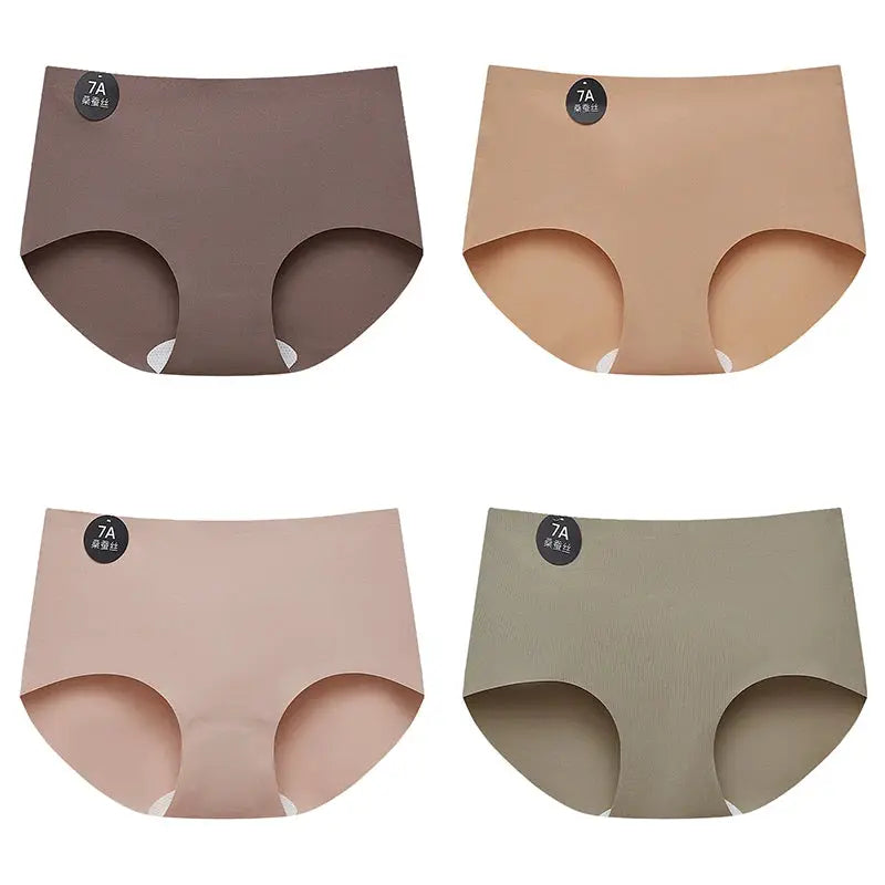 Falllsweet 4-pack seamless mulberry silk briefs for women in brown, tan, blush pink, and olive