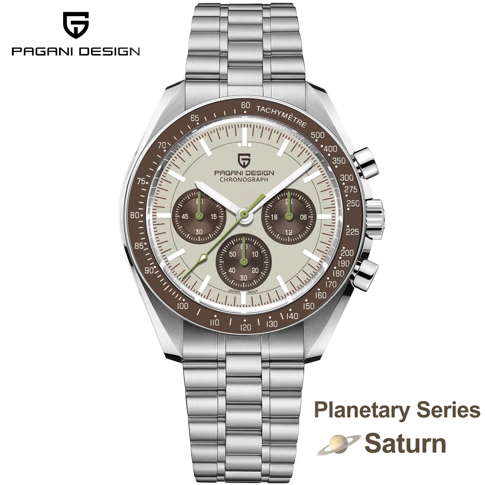 PAGANI DESIGN men's chronograph watch with stainless steel bracelet and brown tachymeter bezel.