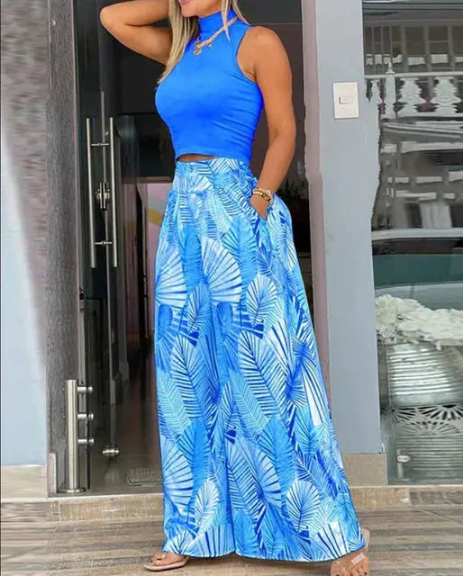 Summer Print Two Piece Set Women Sleeveless Tank Top Wide Leg Pants