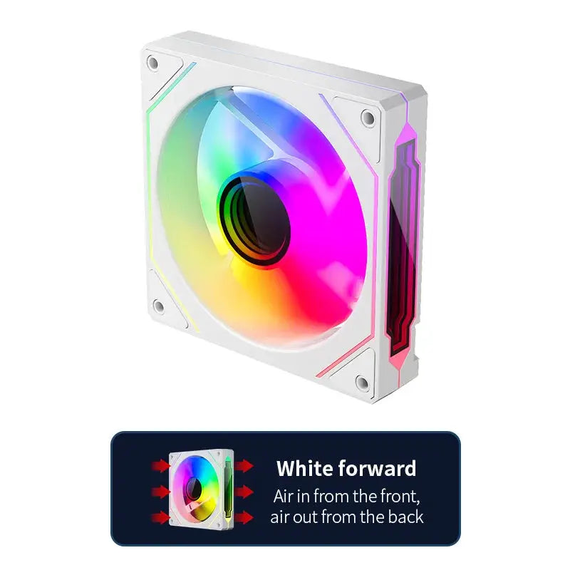 Simples Market TEUCER LJ-4Pro 120mm ARGB PC case fan, white frame with rainbow RGB lighting, 4-pin PWM