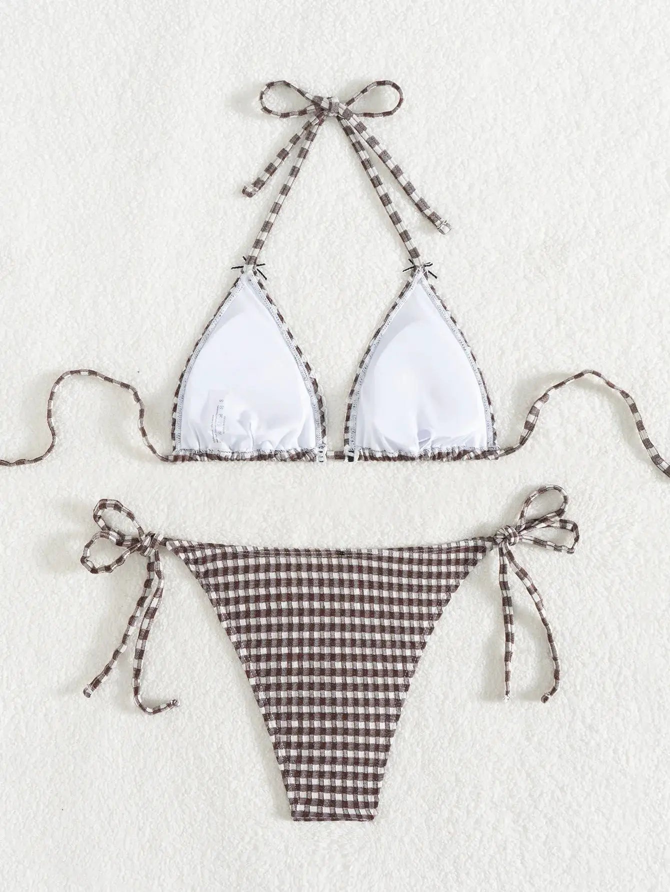 Simples Market triangle bikini set in brown gingham with white-cup top and Brazilian bottoms