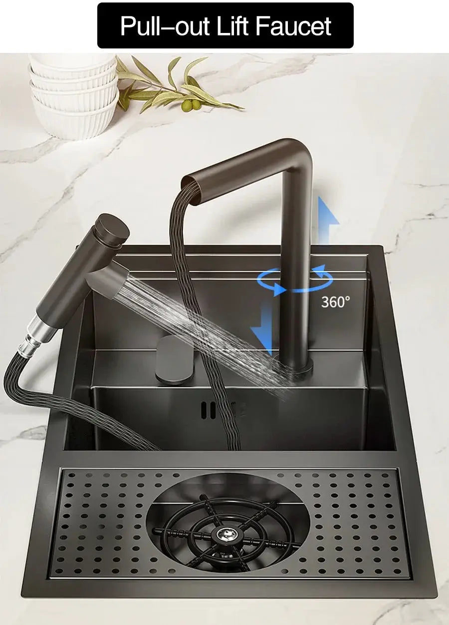 ASRAS Nano black single-bowl kitchen sink with pull-out lift faucet by Simples Market.
