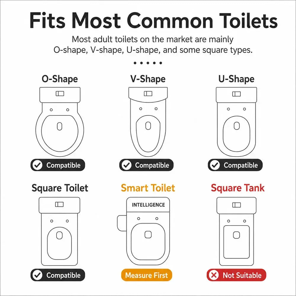 Infographic showing six common toilet shapes (O-, V-, U-, square) with compatibility badges and a Measure First note.
