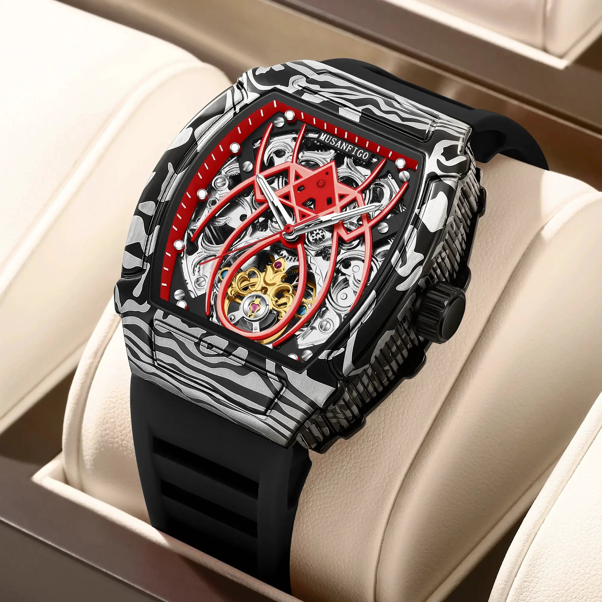 MUSANFIGO automatic hollow skeleton watch with a barrel-shaped case, black-gray camouflage finish, and red gear-filled dial