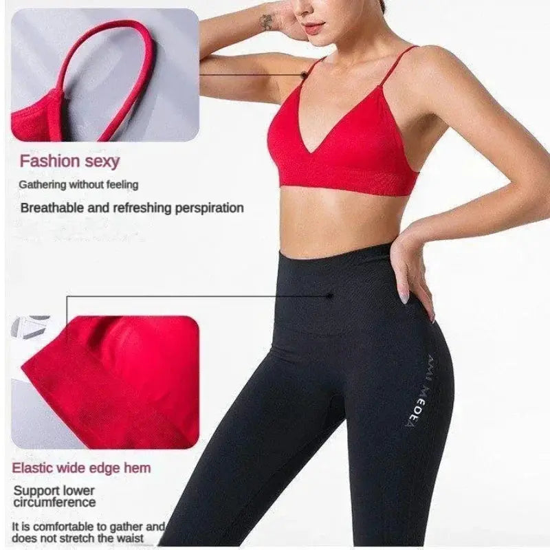 Two-piece V-neck seamless triangle-cup bra camisole set with red top and black high-waisted leggings