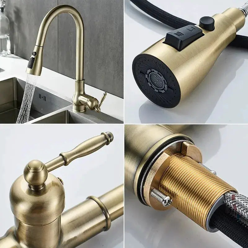 Kitchen faucet in antique bronze with pull-out spray head and lever handle.