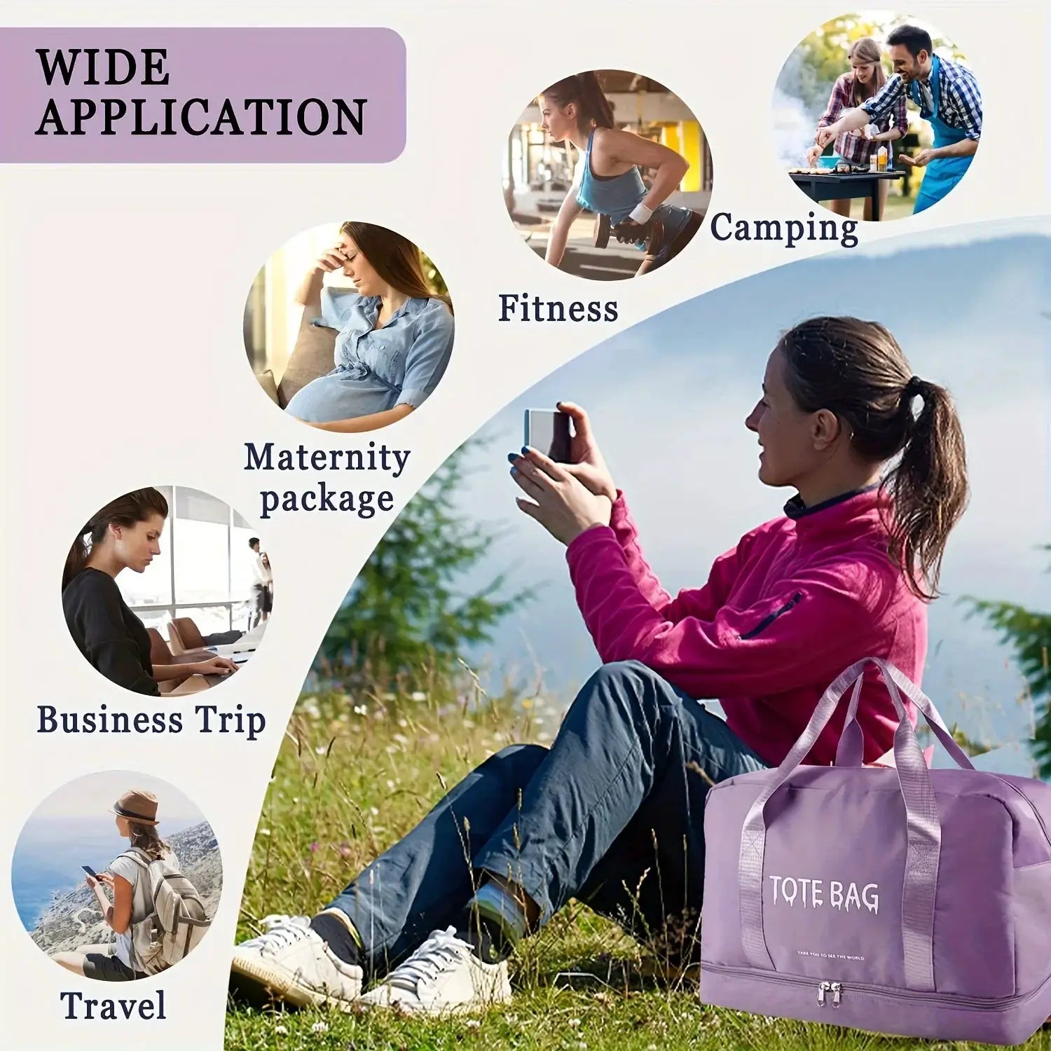 Travel duffle bag by Simples Market, multifunctional large-capacity purple nylon with adjustable shoulder strap