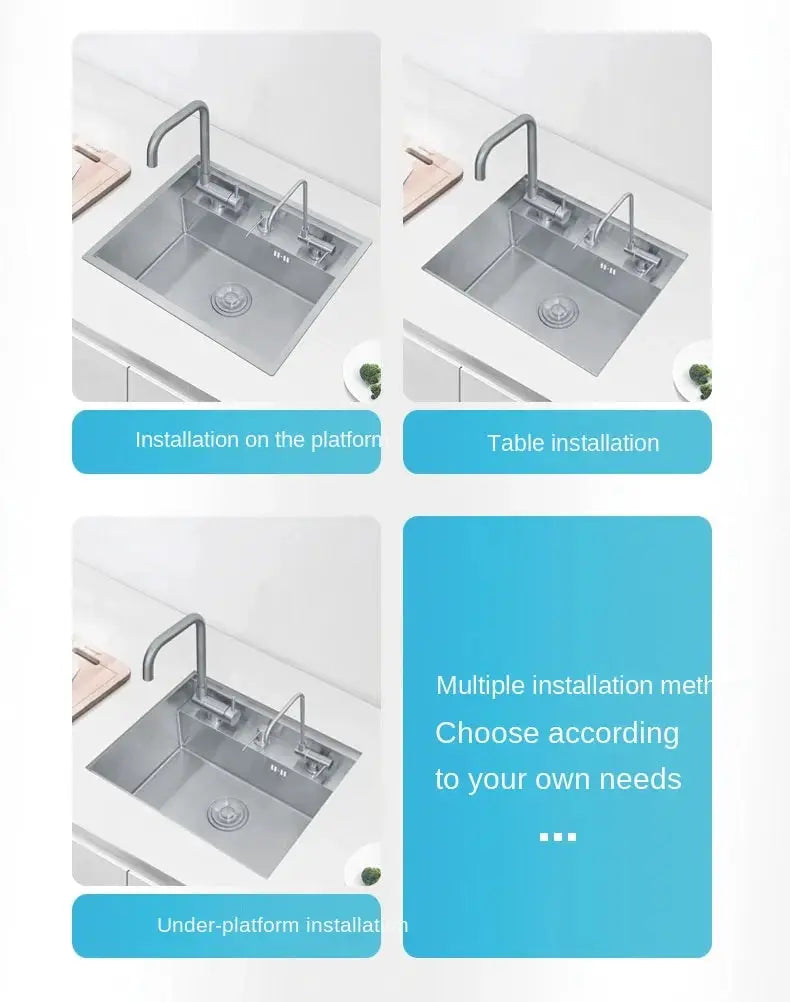 Simples Market Nano hidden kitchen sink, 55x45x23 cm, 304 stainless steel with single groove; four installation views