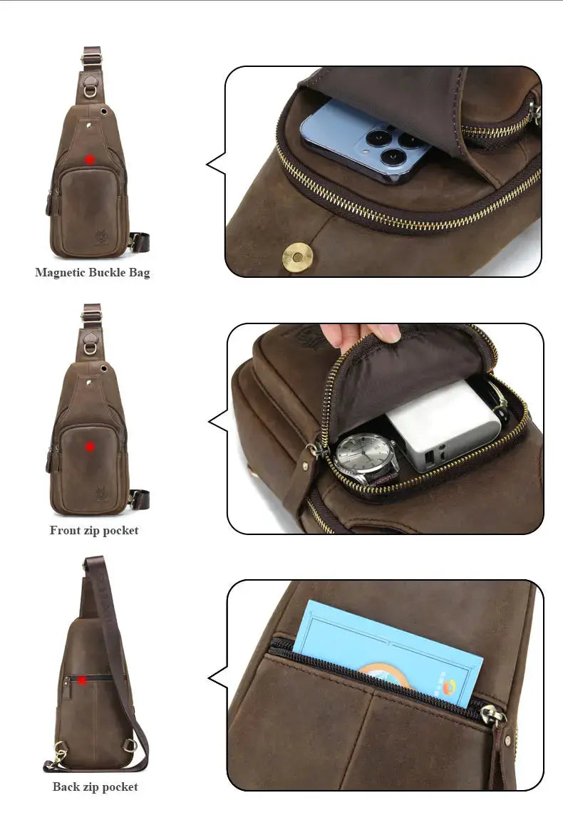 SCHLATUM genuine brown leather chest bag by Simples Market with triangle crossbody design and multiple zip pockets.