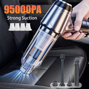 Car vacuum cleaner wireless 95000PA strong suction with 5 attachments; portable handheld in metallic silver and black.