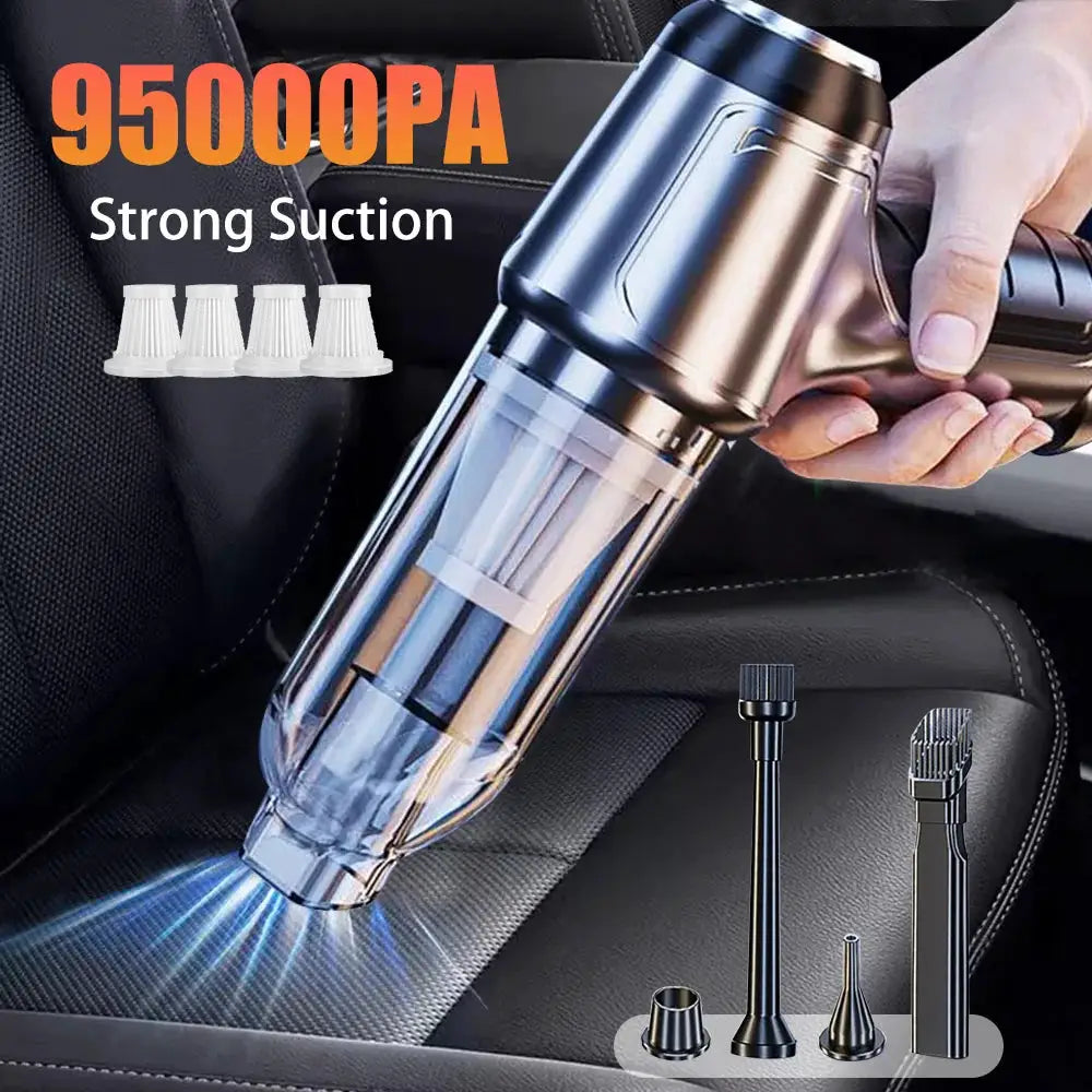 Car vacuum cleaner wireless 95000PA strong suction with 5 attachments; portable handheld in metallic silver and black.