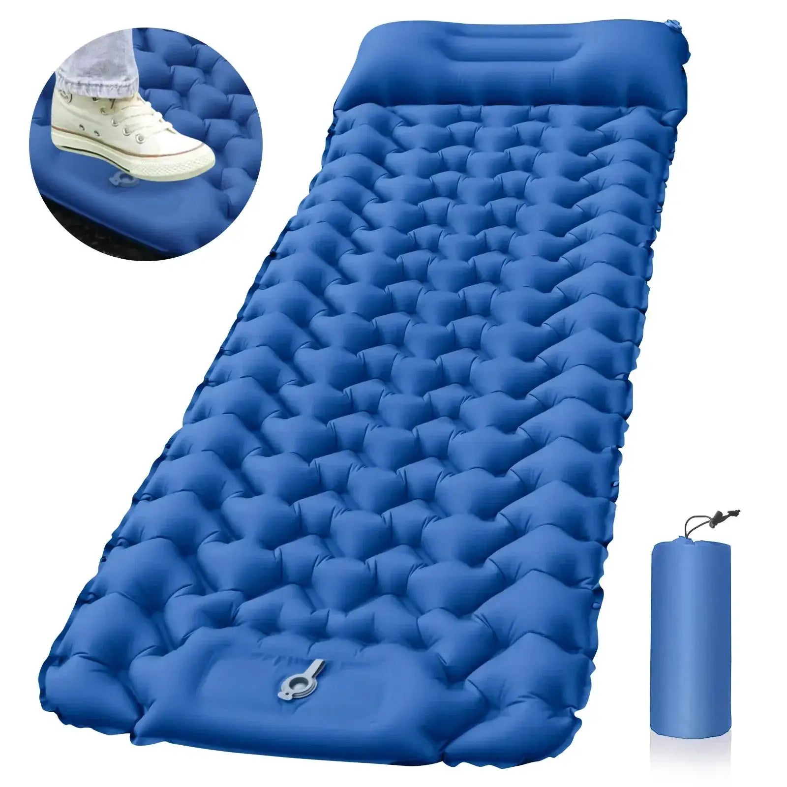 Simples Market blue inflatable outdoor sleeping pad with built-in pillow and pump for ultralight camping