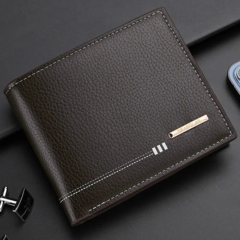 Men's brown lychee-textured leather wallet with white stitching and gold metal tag