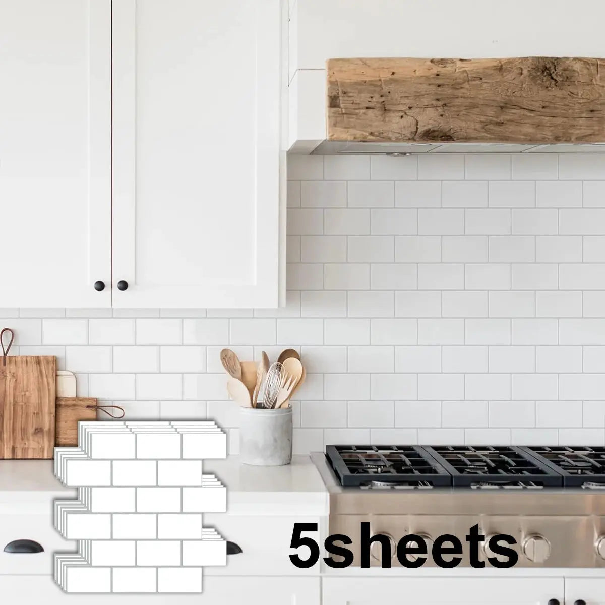 Backsplash tiles; 5 white subway sheets, waterproof peel-and-stick for kitchen