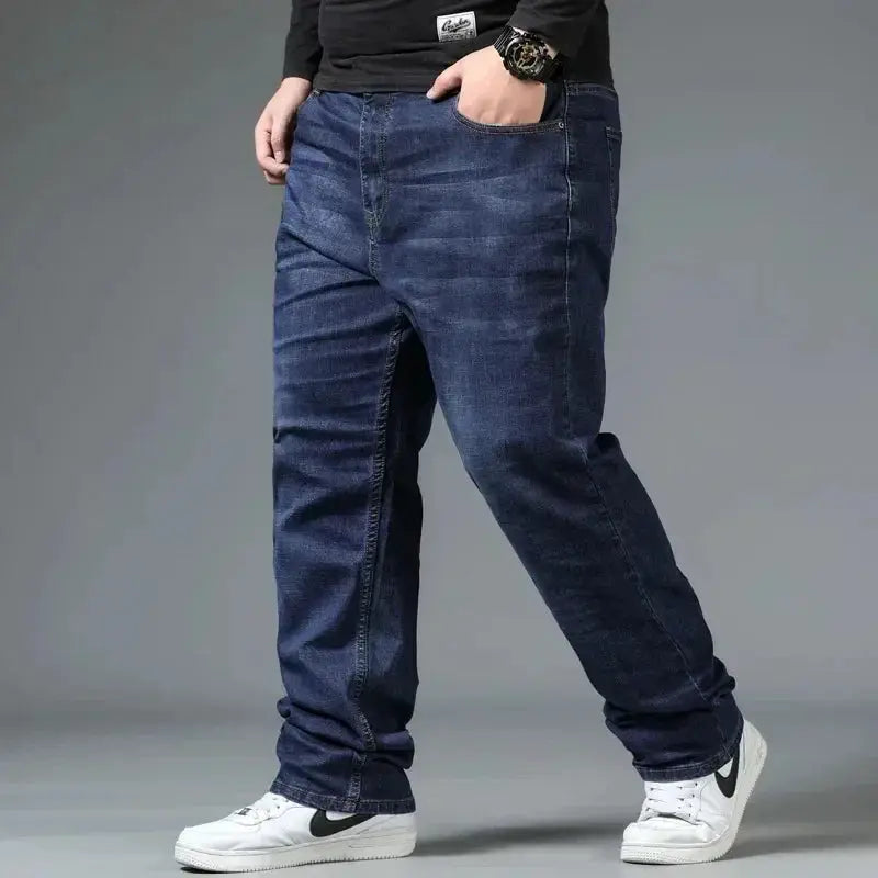 Men's blue denim jeans, oversized loose-fit high-waist trousers by Simples Market
