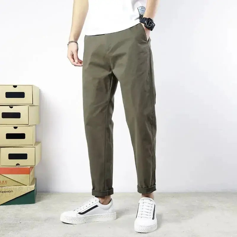 HIQOR men's olive green cotton elastic waistband casual pants by Simples Market