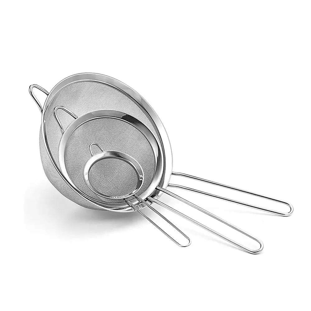 3 Piece Fine Mesh Strainer Set Stainless Steel Multipurpose Flour Sieve Sifter With Handle For Tea And Eggs Kitchen Tool