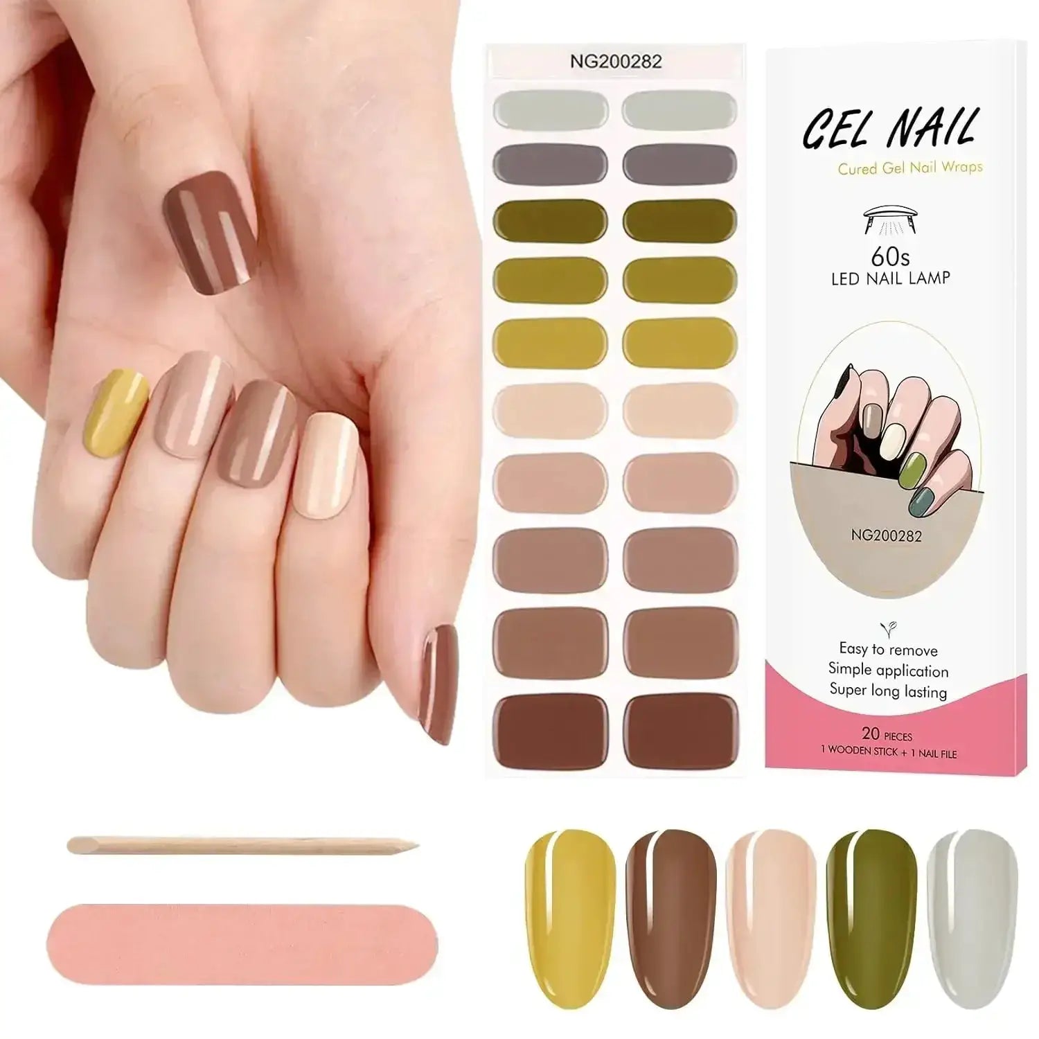 CEL Nail gel nail wraps kit by Simples Market, 20 pieces with wooden stick and nail file, beige to brown shades